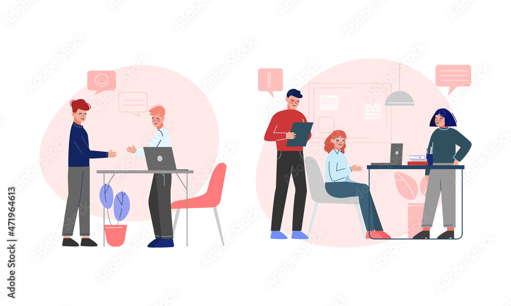 Young Man and Woman Office Employee Engaged in Workflow Vector Scene Set Young Man and Woman Office Employee Engaged in Workflow Vector Scene Set