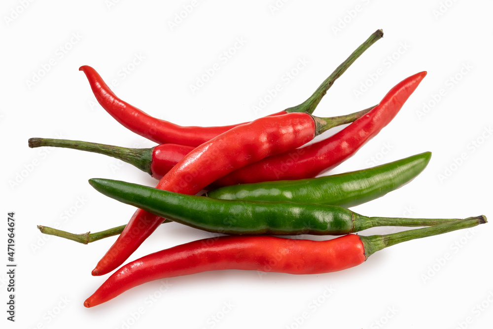 Red and green  Chili pepper on on white background, Red and green pepper on white background.
