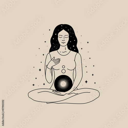 Mystical composition with girl in lotus position and luminous ball. Vector illustration in a trendy minimalist style. Modern art for printing posters, t-shirt  for social media post and stories.