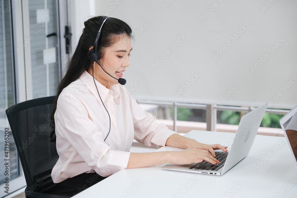 beautiful asia woman working call center operator with headset in office or workplace beautiful asia woman working call center operator with headset in office or workplace