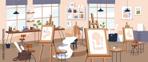 Fine art studio interior. Artists workshop with easels, canvas, pictures, paints and brushes. Panorama of creative class. Painters room with tools and supplies. Flat vector illustration of workroom