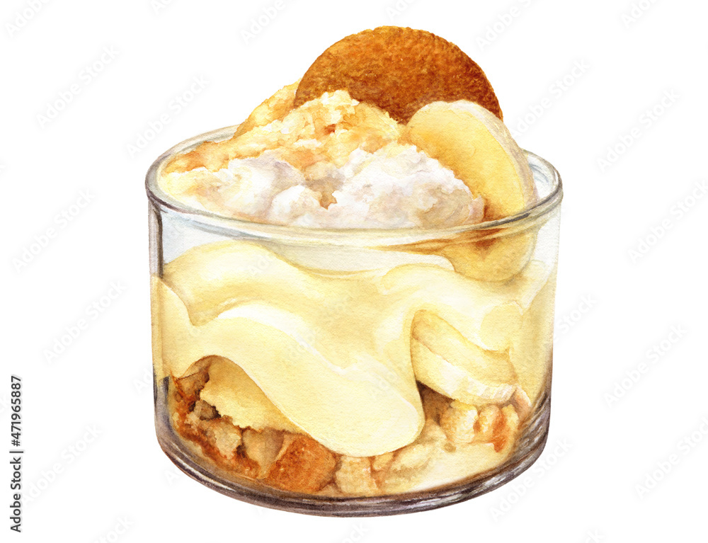 Banana cream dessert watercolor illustration isolated on white background Banana cream dessert watercolor illustration isolated on white background
