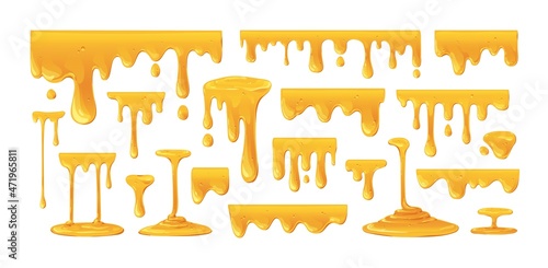 Honey flowing and dripping set. Maple syrup, caramel and sweet sugar sauce melting and leaking. Sticky amber liquids, drops and fluids. Colored flat vector illustrations isolated on white background photo