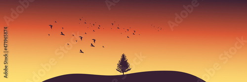 sunset with tree and bird silhouette vector illustration good for wallpaper design, design template, background template, and tourism design template © FahrizalNurMuhammad