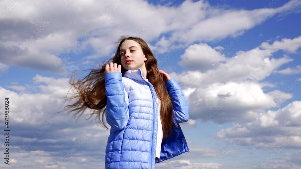 happy teen kid in autumn jacket posing on sky background, free happy teen kid in autumn jacket posing on sky background, free