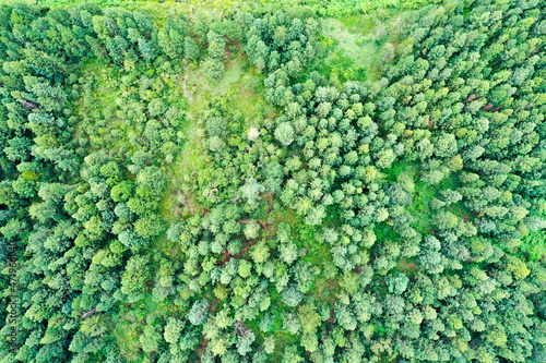 Scenic aerial view flying over the land field.