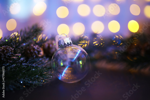 Snow Ball With Christmas Tree And Lights On Winter Background