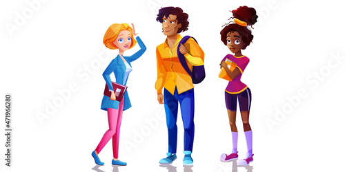 Group of diverse modern students standing together cartoon vector illustration. Multicultural young people in casual clothes with backbackpack and books isolated on white background.
