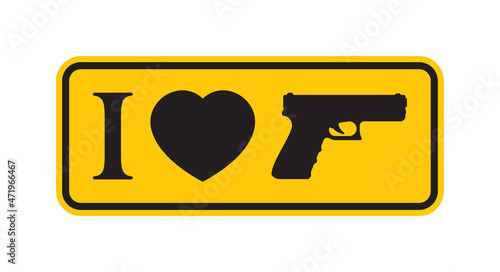 Vector yellow symbol I love gun. Isolated on white background.