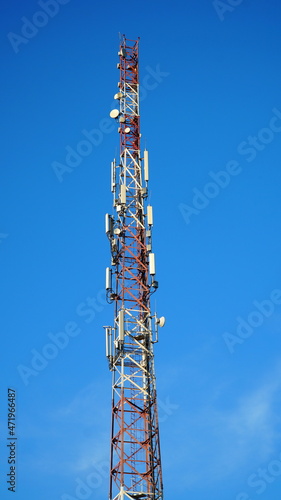 4G TV radio tower with parabolic antenna and satellite dish. Broadcast network signal. High coverage area.