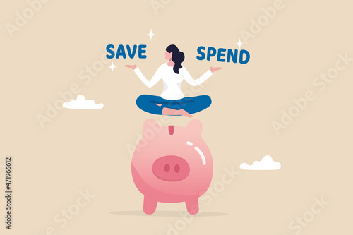 Money decision, save or spend, financial options when receive bonus or extra money, choose to invest or pay off debt concept, doubtful woman lotus sitting on piggy bank balancing save or spend choice.