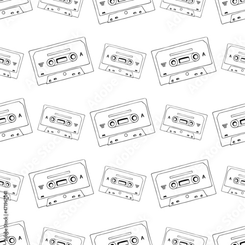 Hand drawn cassette and mixtape seamless pattern, black and white cartoon doodle background for music technology or audio equipment concept.