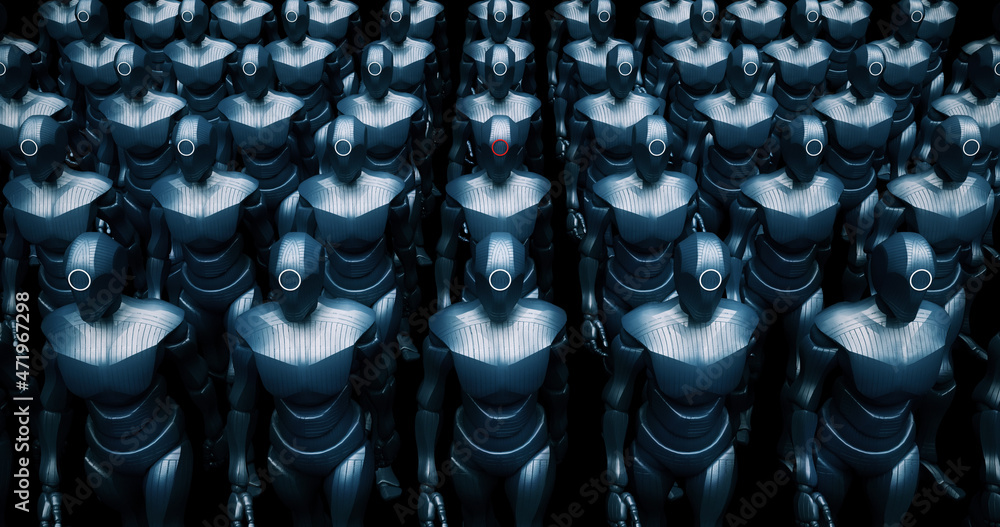 Robots Marching Slowly. Their Leader Is In The Center. Tech War Scene.  Technology Related Abstract 3D Illustration Render. 素材庫插圖| Adobe Stock