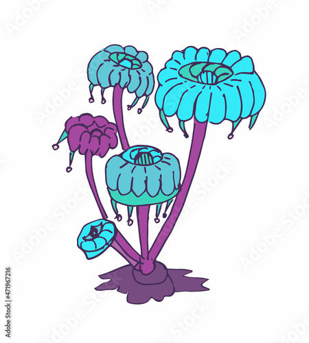 Fantasy decorative icon of magic mushrooms on white background. Hand drawn concept. Vector illustration