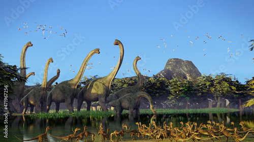 Fototapeta Naklejka Na Ścianę i Meble -  Dinosaurs at the river at sunrise, groups of Brachiosaurus, Compsognathus and Pterosaurs in a Late Jurassic landscape