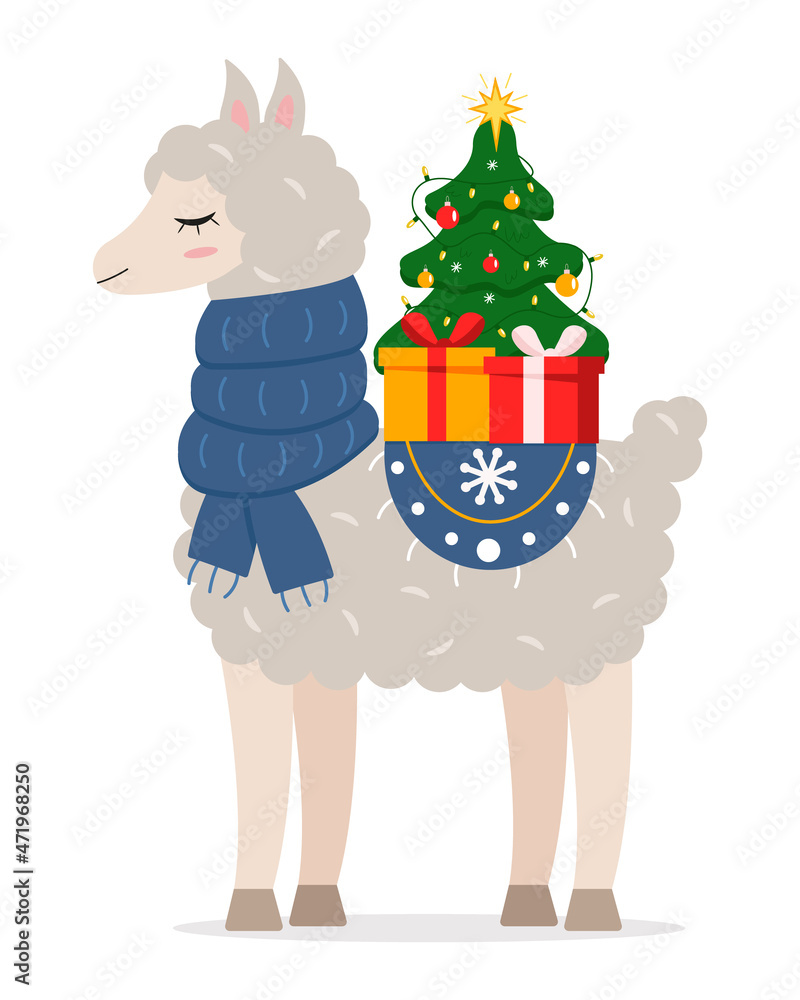 Fototapeta premium Cute, cartoon llama or alpaca in a blue scarf with gift boxes and a Christmas tree with garlands. Design element for greeting cards. New Year, Christmas. Vector illustration in flat style