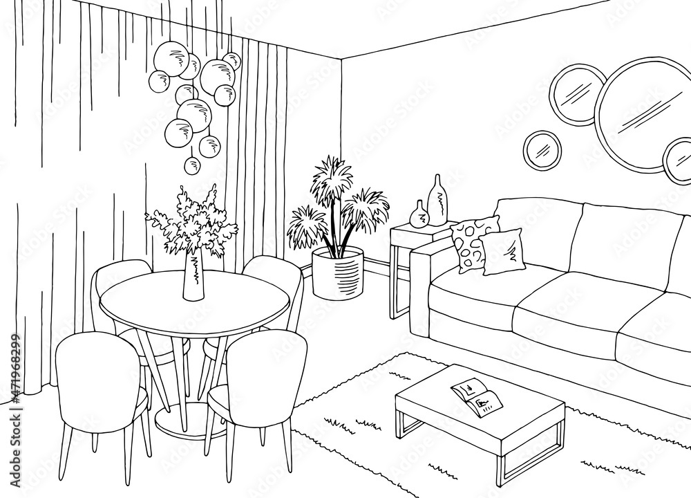 Fototapeta premium Dining room graphic black white home interior sketch illustration vector 
