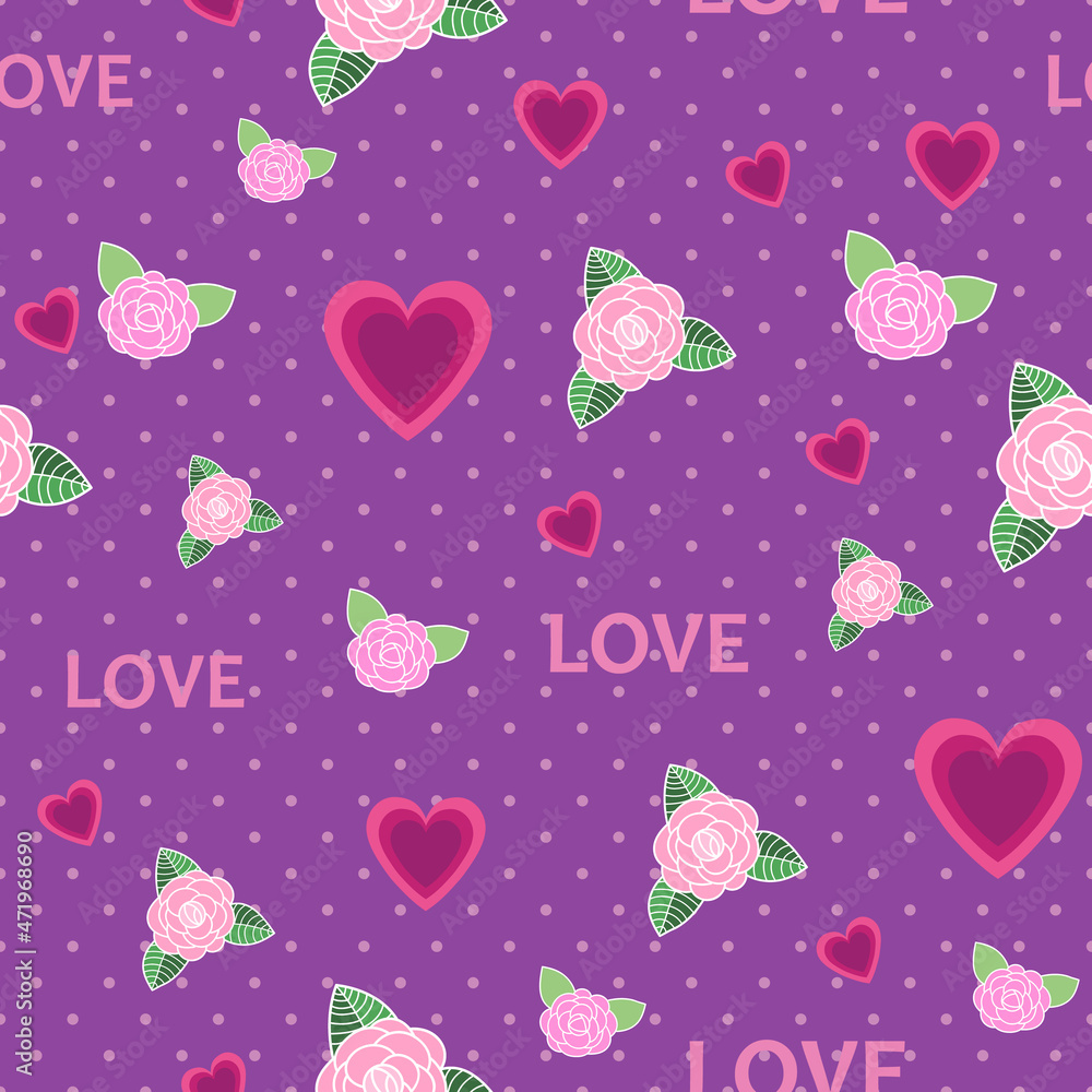 Valentine vector repeat pattern design on purple background with polka dots Valentine vector repeat pattern design on purple background with polka dots