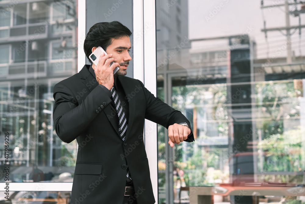 Caucasian business man waiting some people or partner or customer or friend in outside Caucasian business man waiting some people or partner or customer or friend in outside