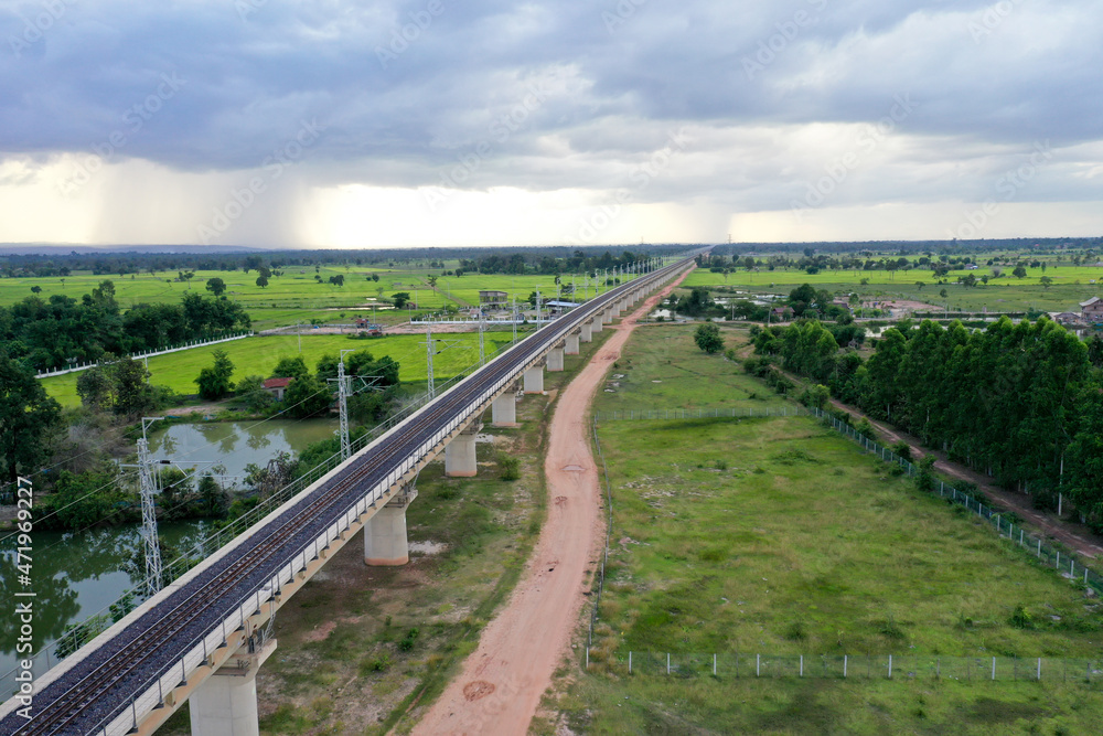 Aerial view of railway bridge part of Laos - China medium speed train from China border to Vientiane capital.