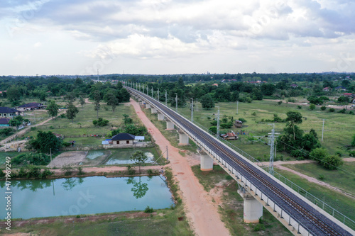 Aerial view of railway bridge part of Laos - China medium speed train from China border to Vientiane capital.