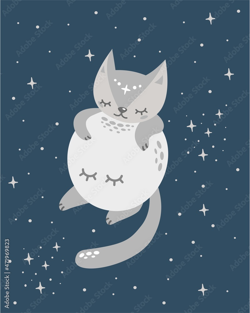 A cute cat sleeps in an embrace with the moon. Childrens illustration. Night sky and stars. Vector illustration for print on baby clothes.