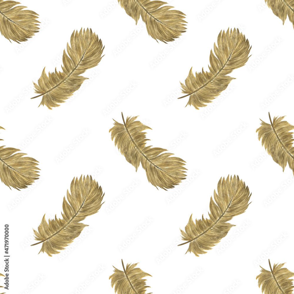Flying brown feather in seamless pattern on white background. Watercolor hand drawing illustration. Realistic painting of feather in wallpaper or digital paper. Flying brown feather in seamless pattern on white background. Watercolor hand drawing illustration. Realistic painting of feather in wallpaper or digital paper.