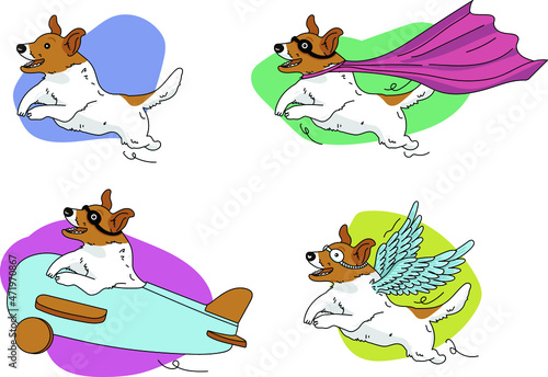 hand drawn flying cartoon Jack Russell Terrier Dog set