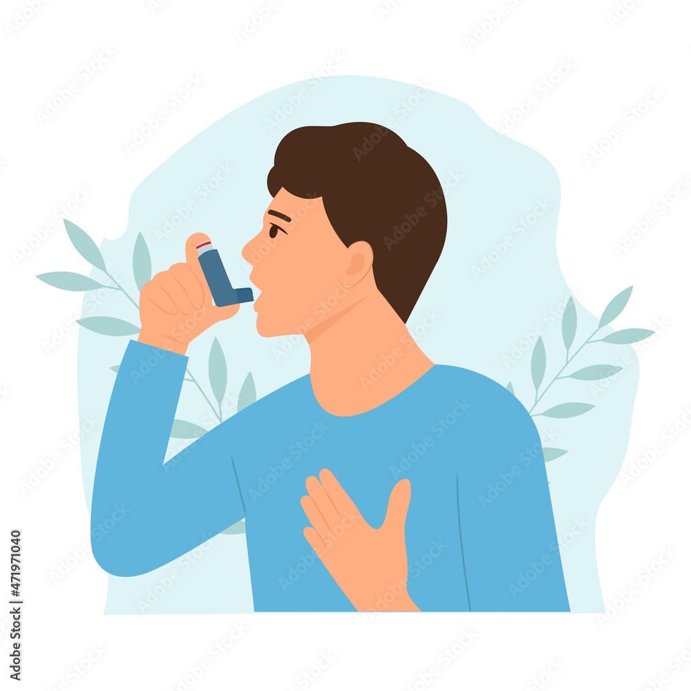 Man uses an asthma inhaler against attack. World asthma day. Allergy