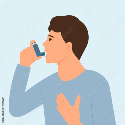 Asthma treatment.Asthma inhaler help allergic man. World asthma day. Allergy, asthmatic. Inhalation medicine. Flat vector illustration concept. Bronchial asthma.