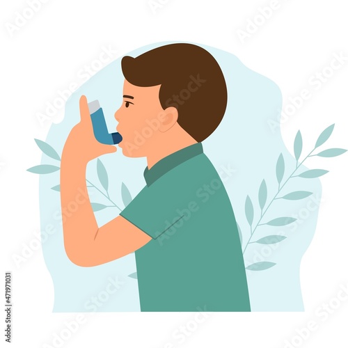 Little Boy uses an asthma inhaler against attack. World asthma day. Allergy,Bronchial asthma kids.Vector  illustration