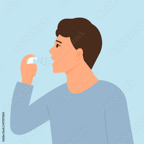 Man  uses breath freshener. Boy using mouth spray for  sore throat infection treatment Aerosol spray in the hand. Fresh breath.Vector illustration