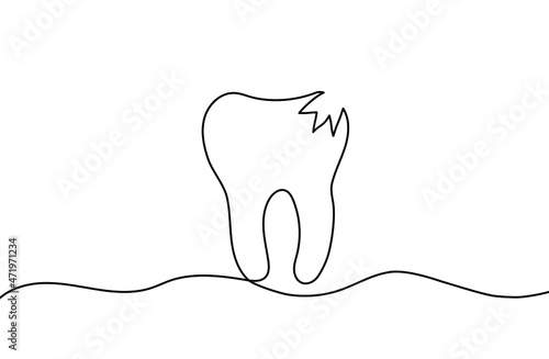 Continuous line drawing of tooth. Tooth line icon. One line drawing background. Vector illustration. Tooth continuous line icon