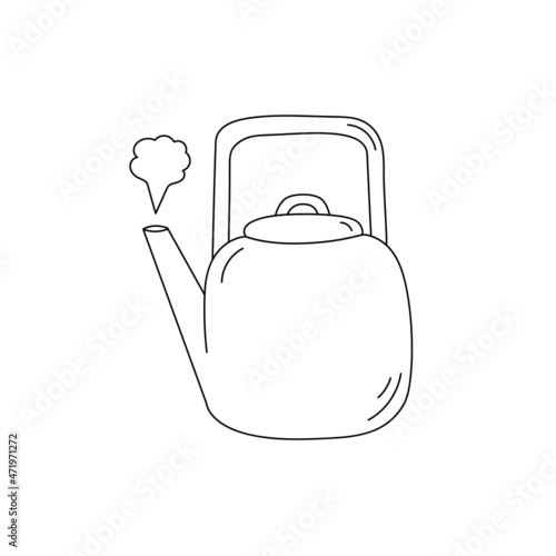 Metallic line art kettle with hot steam. Kitchen utensil. Doodle flat style. Isolated vector illustration 