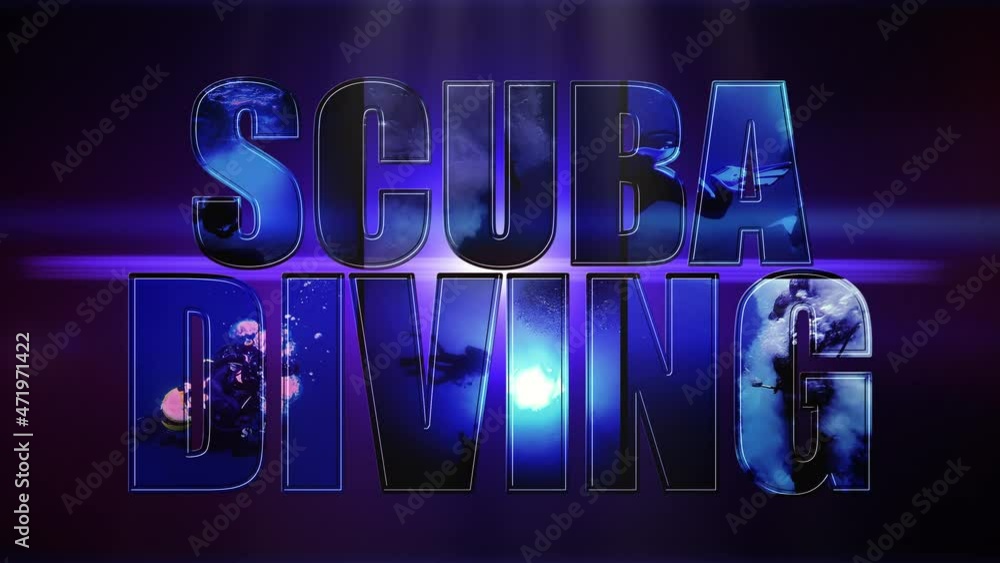 Scuba Diving Animated Text On Blue Background. Open Water Diving. Scuba