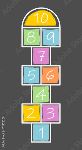 Colored hopscotch game. Learning numbers and colours. Outdoor games for children. photo