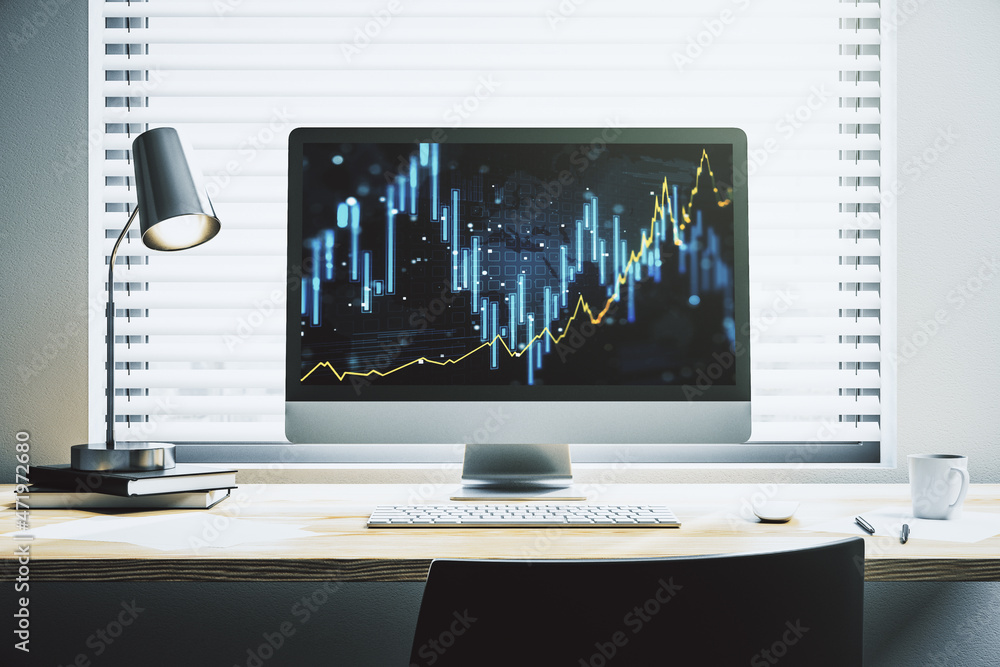 Modern computer screen with abstract creative financial chart, research and analytics concept. 3D Rendering Modern computer screen with abstract creative financial chart, research and analytics concept. 3D Rendering