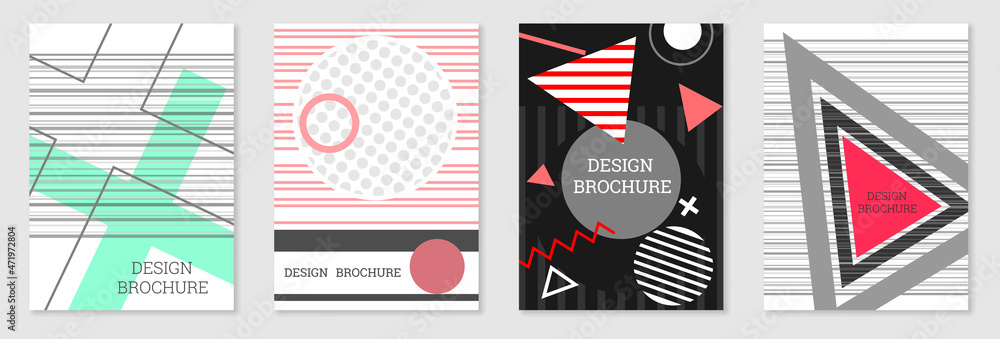 Set of cover design in Memphis style. Geometric design, abstract background. Fashionable bright cover, banner, poster, booklet. Creative colors. Set of cover design in Memphis style. Geometric design, abstract background. Fashionable bright cover, banner, poster, booklet. Creative colors.