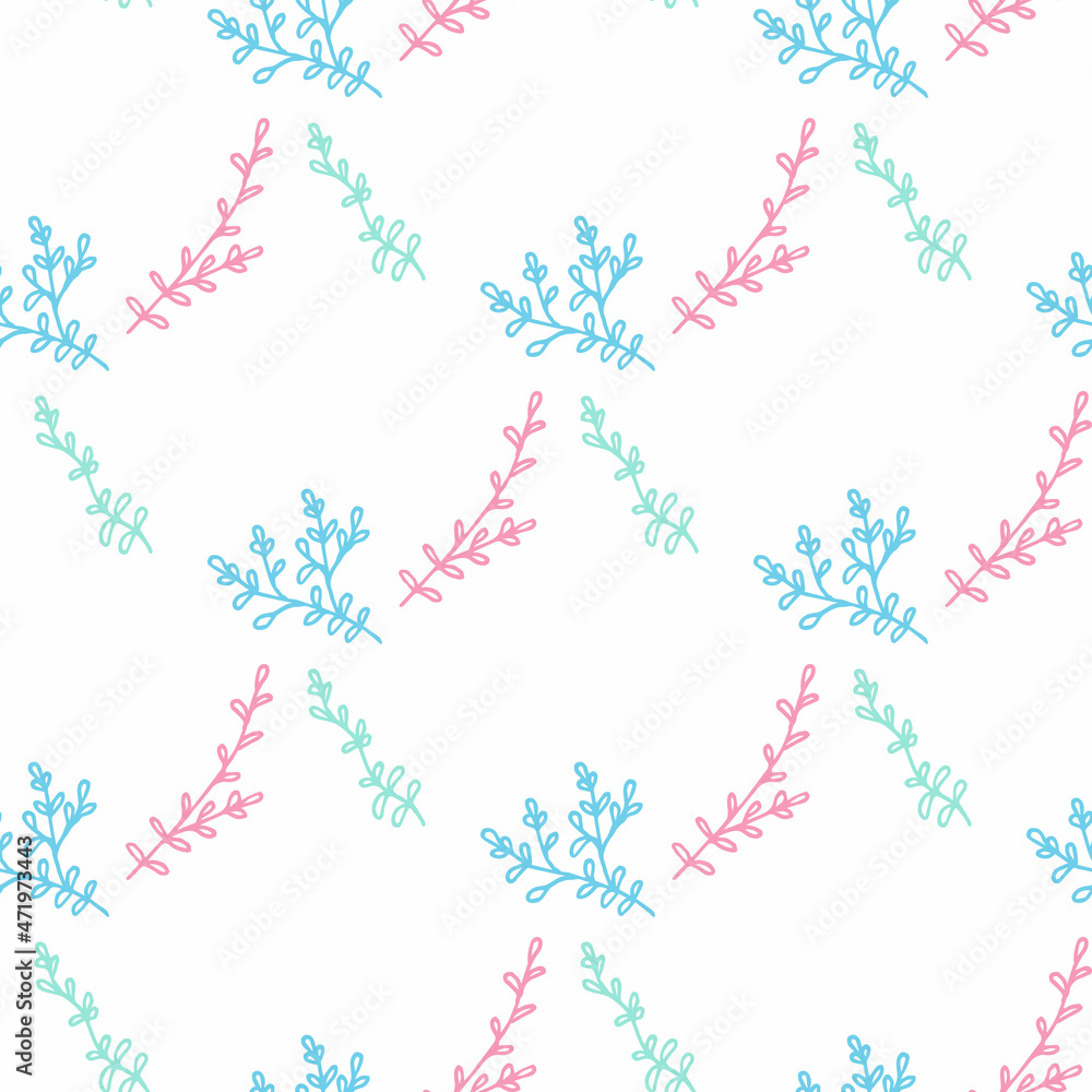 Seamless pattern with pink and blue branches on white background. Vector image.
