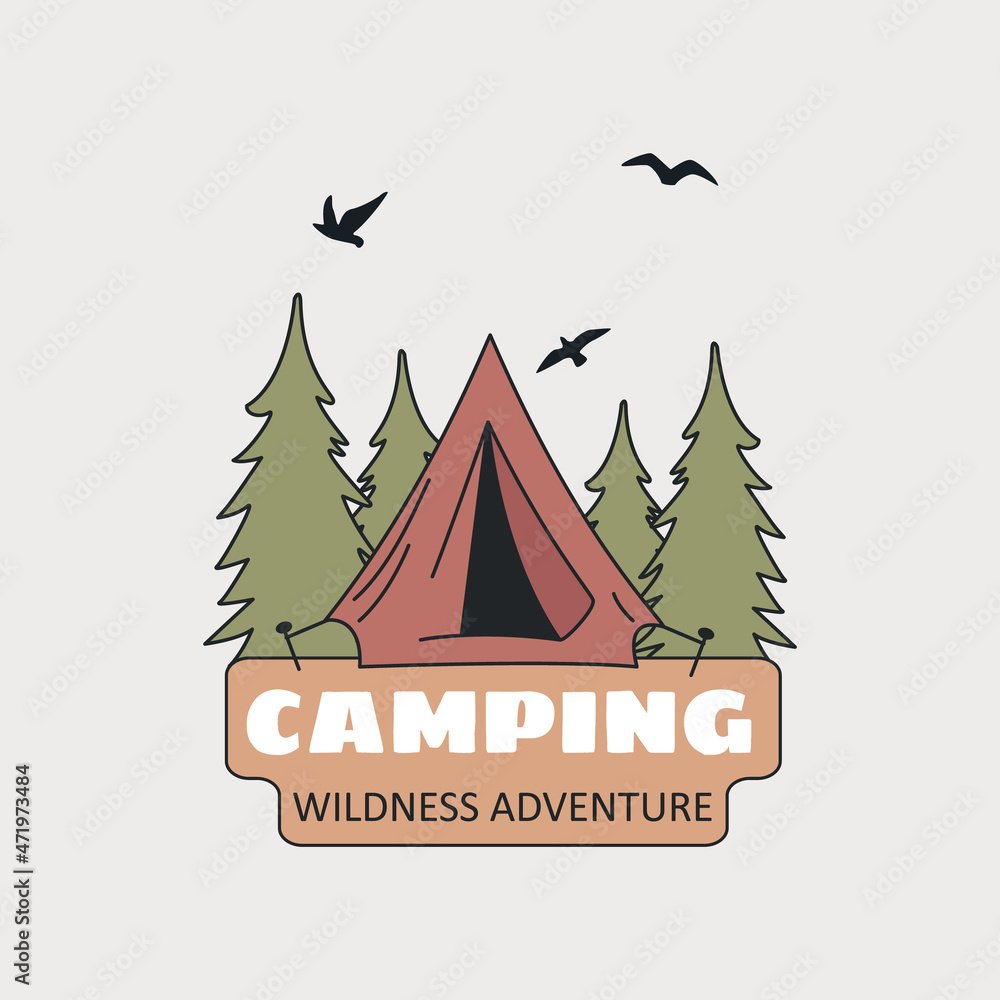 Tent and Christmas trees with an inscription, camping concept. A hand-drawn vector. For printing on T-shirts, posters and other purposes.
