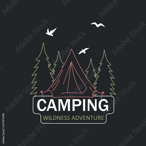 Tent and Christmas trees with an inscription, camping concept. A hand-drawn vector. For printing on T-shirts, posters and other purposes.