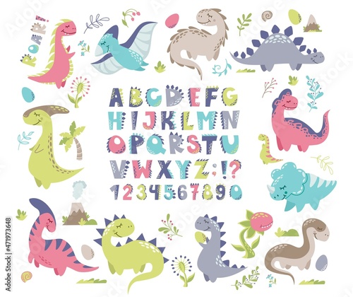 Vector set for printing on baby clothes. Dinosaurs, letters, numbers, volcano, carnivorous plants, flowers, twigs, alphabet stylized as dinosaurs. Bright letters and monsters.