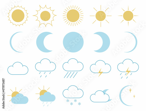 Set of colored weather icons in line style. Meteorological icons. Image of clouds, sun, rain, sunny day. Editable lines. Vector