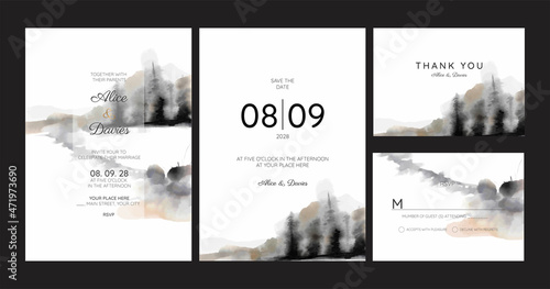 wedding invitation with winter landscape theme, watercolor technique