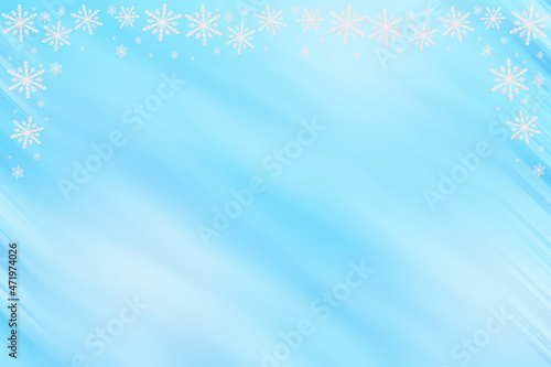 Winter blue saturated bright gradient background with diagonal slanted waves and white snowflakes on the top and sides. The card for congratulation  invitation  party  message for Christmas  New Year.