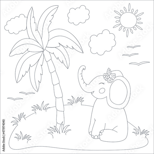 The baby elephant sits under a palm tree. Tropic savannah. Black and white vector image. Cartoon style. Coloring. 