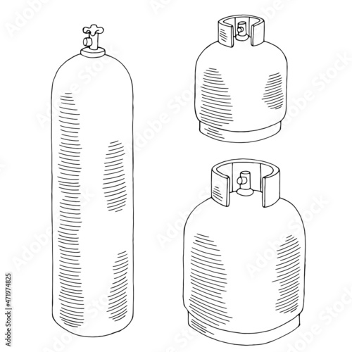 Gas bottle set graphic black white sketch isolated illustration vector