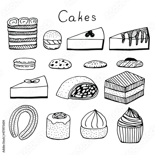 Cakes set vector illustration, hand drawing sketch