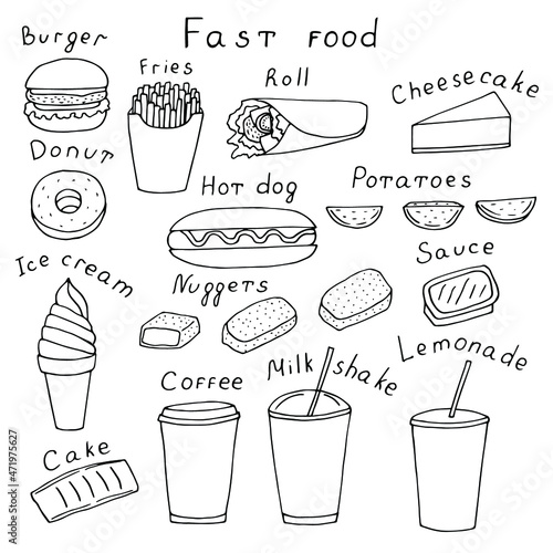 Fast food set vector illustration, hand drawing doodles