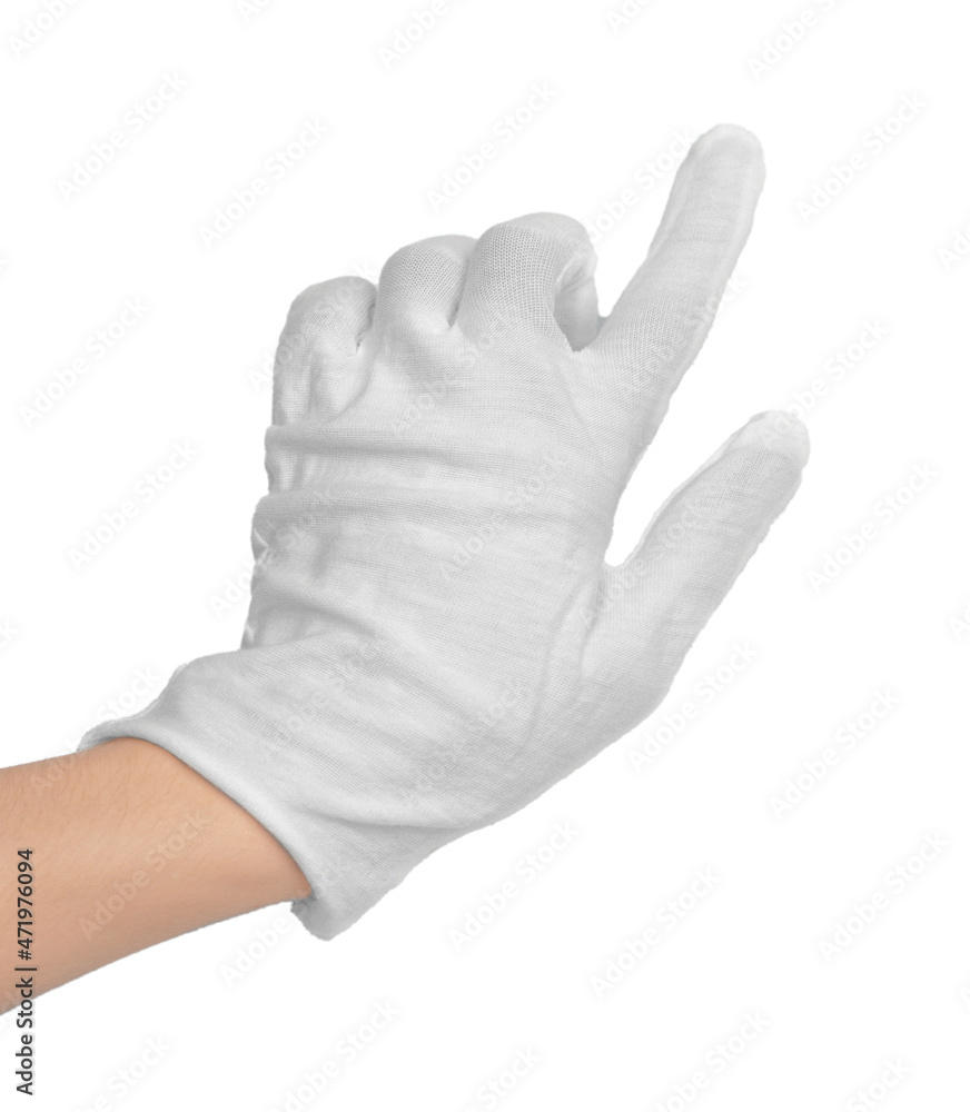 Hand in a white fabric glove on a white background, isolate. A hand in a white glove shows the index finger Hand in a white fabric glove on a white background, isolate. A hand in a white glove shows the index finger
